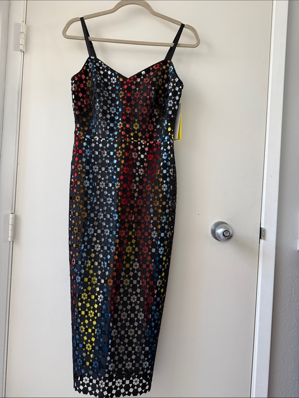 Karen Millen Black Midi Dress Geometric Lace Overlay US 2-4 UK 8 NWT formal